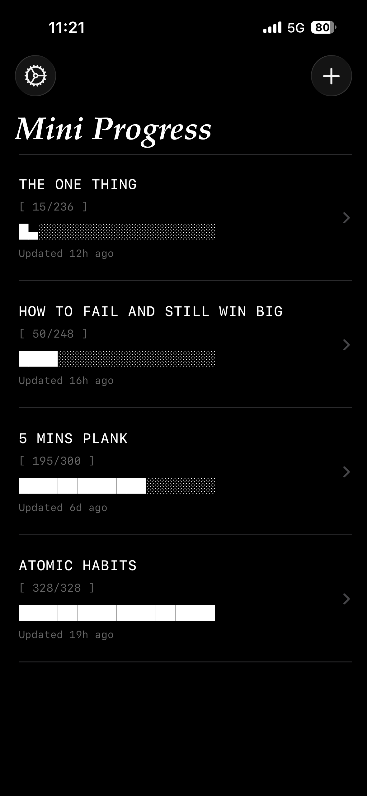Mini Progress app list view showing multiple trackers